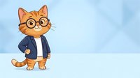 Orange tabby cat character wearing glasses and blue jacket standing confidently with hands on hips against soft blue background for children's content.