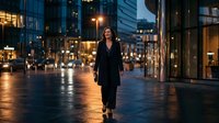 Young professional woman walking confidently through modern city street at night with illuminated buildings and wet pavement creating urban atmosphere.