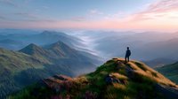 Silhouette of hiker standing on mountain peak overlooking misty valley at sunrise, with rolling hills and distant mountain ranges.