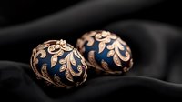 Luxurious Easter eggs decorated with ornate copper metallic floral pattern on deep blue background, placed on black silk fabric with soft folds and dramatic lighting.