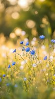 Delicate blue wildflowers blooming in golden sunlight with soft bokeh background creating dreamy natural scene for spring and summer botanical designs.