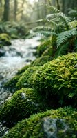 Lush green moss covering rocks in pristine forest stream environment with ferns and flowing water creating peaceful natural woodland atmosphere.