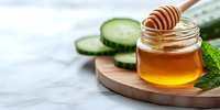 Fresh honey in glass jar with wooden dipper and sliced cucumber on round wooden board, natural skincare ingredients on marble background.
