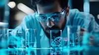 Young male scientist in protective eyewear examining laboratory glassware with experimental samples in modern research facility with dramatic blue lighting.