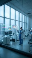 Medical professional using virtual reality technology to examine holographic brain model in modern hospital laboratory with city skyline view.