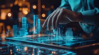 Futuristic smart city hologram projection from tablet device with glowing blue buildings and hands interacting in dark environment with bokeh lights.