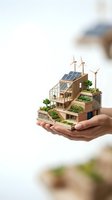 Hands holding miniature eco-friendly house model with solar panels, wind turbines and rooftop gardens representing sustainable architecture and green living.
