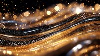 Luxurious golden and black waves with glittering particles and bokeh lights create elegant flowing abstract background for luxury design and festive decorations.