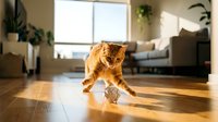 Ginger tabby cat stretching on wooden floor in bright modern living room with plants, sofa and windows, domestic pet lifestyle scene.