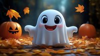 Cute cartoon ghost character with happy expression surrounded by autumn leaves and carved pumpkins in mystical forest setting, spooky holiday celebration mood.