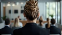 Professional woman with elegant bun hairstyle sitting in business conference or corporate training event, view from behind in modern office setting with blurred audience.