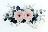 Delicate blush pink roses with navy blue and sage green eucalyptus leaves in watercolor style composition on white background, isolated floral arrangement for wedding design.