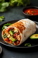 Mexican breakfast burrito with scrambled eggs, beans, vegetables and avocado on dark plate with salsa and cilantro garnish for healthy morning meal.