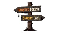 Wooden directional sign post with two arrows pointing left and right, reading "Haunted Forest" in orange text and "Spooky Lane" in yellow text on weathered dark wood. Isolated on white background, ready for Halloween designs, invitations, and seasonal graphics.