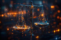 Glowing scales of justice with magical bokeh lights in dark blue and orange tones, symbolizing legal balance and fairness in dramatic artistic composition.