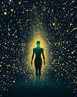 Silhouette of feminine figure surrounded by glowing golden particles and light rays against dark background, representing spiritual awakening and consciousness.