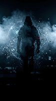 Mysterious hooded figure silhouette emerging from digital smoke with glowing particles and data fragments in dark atmospheric cyberpunk scene.