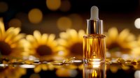Glowing amber essential oil dropper bottle with sunflowers and bokeh lights in background, wellness and aromatherapy concept for spa and natural cosmetics.