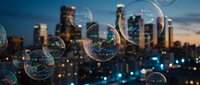 Soap bubbles floating over illuminated city skyline at dusk with colorful reflections creating magical urban atmosphere for creative projects.