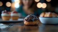 Chocolate cream puff pastry on rustic wooden table with soft bokeh lights in background, shallow depth of field creates dreamy atmosphere for food photography.