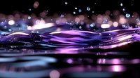 Abstract purple and pink liquid waves with bokeh lights and reflections on dark background create magical flowing effect. Suitable for luxury product backgrounds.