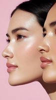 Young woman with glowing dewy skin and natural makeup on pink background. Fresh skincare routine results with highlighter and glossy lips for beauty campaigns.