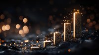 Glowing golden candles with rising height create magical atmosphere against dark background with bokeh lights and sparkles. Festive holiday concept.