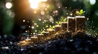 Young green plants growing from soil in ascending steps with golden sunlight and bokeh effects representing business growth and sustainable development concept.