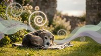 Relaxed senior dog resting on grass near moss-covered stones and glowing spiral orbs, surrounded by nature and soft sunlight, suitable for pet wellness and spiritual content.