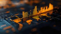 Digital financial graph bars glowing in orange and yellow on dark electronic circuit board background, showing market data analysis and trading statistics.