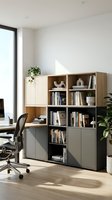Modern home office interior with modular wooden bookshelf storage system, ergonomic chair and natural light for contemporary workspace design.