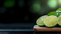 Fresh cut limes on wooden cutting board against dark background with bokeh lights, macro food photography for restaurant menu and cocktail designs.