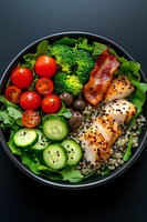 Fresh bowl with grilled chicken, quinoa, cherry tomatoes, broccoli, cucumber slices, bacon and black olives on green lettuce leaves, dark background.