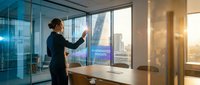 Professional businesswoman using interactive transparent display screen in modern office with city skyline view during golden hour sunset.
