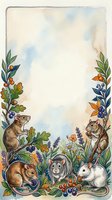 Watercolor woodland animals frame with mice, hamsters and autumn foliage on soft background for greeting cards and invitations.