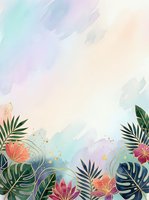 Tropical watercolor background with exotic flowers, palm and monstera leaves, gold accents on pastel gradient, copy space for text.