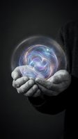 Hands holding glowing cosmic energy sphere with swirling galaxy patterns and stardust on dark background for spiritual and science concepts.