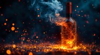 Glass bottle with glowing orange fire and smoke effects against dark background with magical sparks and bokeh lights creating mystical atmosphere.