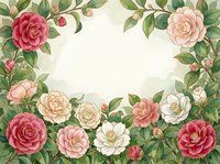 Watercolor camellia floral frame with pink, red, and cream blooms on green branches, copy space center for wedding or greeting card.