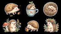 Adorable hedgehog illustrations isolated on transparent background. Six charming designs featuring cute spiky creatures in various poses with floral elements, perfect for t-shirt designs, stickers, clipart, sublimation, and print-on-demand products.