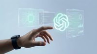 Hand interacting with futuristic holographic interface displaying digital elements and glowing spiral icon for technology and innovation concepts.