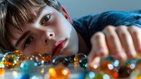 Young woman with bangs lying near scattered amber and turquoise glass beads in soft natural lighting, creating dreamy atmospheric portrait with bokeh effects.