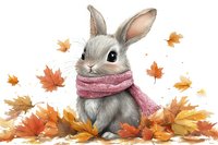 Adorable gray bunny wearing pink scarf surrounded by falling autumn maple leaves on white background, watercolor style illustration for seasonal greeting cards.