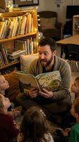 Adult male with dark hair and beard reading children's storybook to group of young children in cozy library setting with warm string lights and wooden bookshelves. Educational storytelling moment.