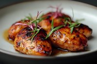 Glazed chicken thighs with caramelized honey-soy marinade served on white plate, garnished with fresh microgreens and herbs, close-up food photography.