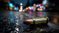 Brass bullet casing lies on wet asphalt street with colorful city lights bokeh background at night creating dramatic urban crime scene atmosphere.