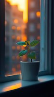 Young plant growing in gray pot on window sill at sunset with blurred city lights bokeh background creating peaceful atmospheric mood.
