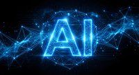 Artificial intelligence AI concept with glowing blue neon letters connected by digital network lines on dark background for technology presentations.