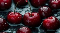 Fresh ripe cherries with water droplets on dark surface, ideal for food and beverage marketing, recipe blogs, and culinary content.