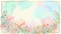 Soft watercolor floral frame with pastel pink, green, and blue tones, golden border, and delicate botanical elements for cards and invitations.
